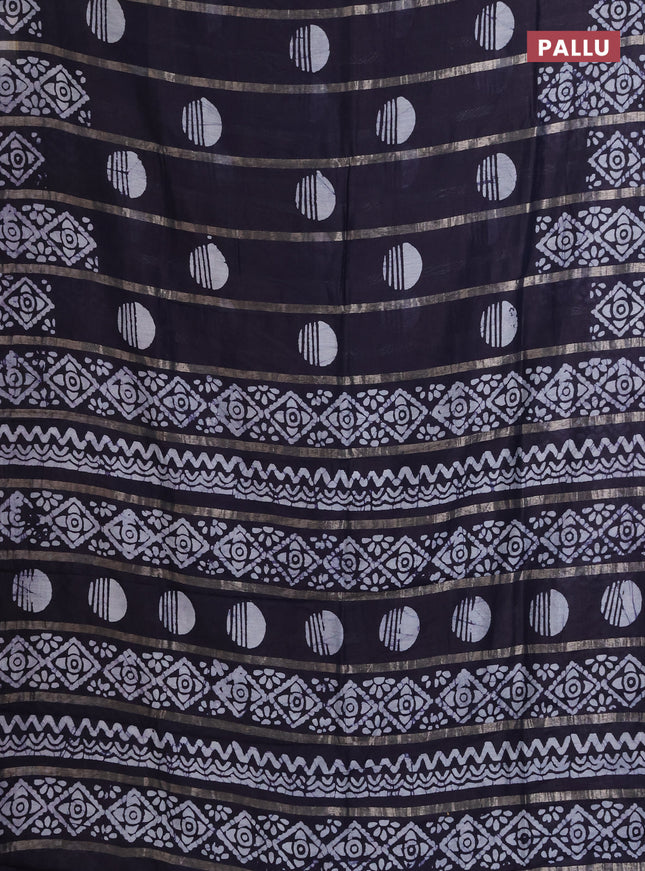 Semi chanderi saree deep navy blue with allover zari strips & batik butta prints in borderless style