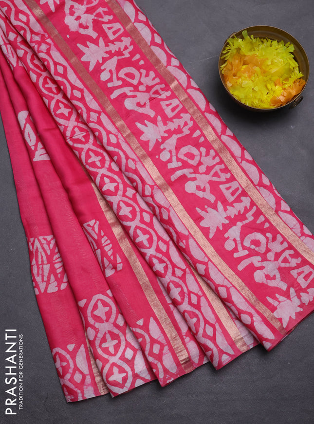 Semi chanderi saree candy pink with allover zari strips & batik butta prints in borderless style