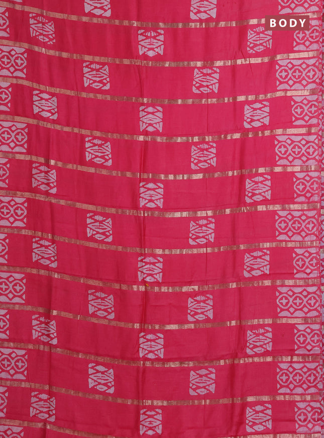 Semi chanderi saree candy pink with allover zari strips & batik butta prints in borderless style