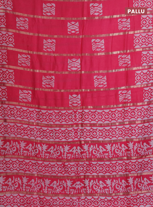 Semi chanderi saree candy pink with allover zari strips & batik butta prints in borderless style