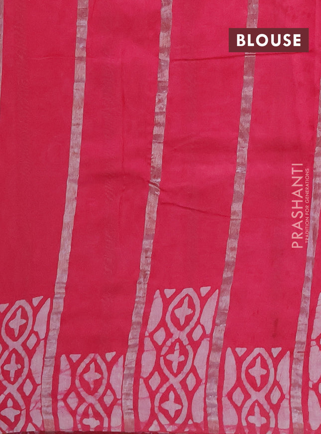Semi chanderi saree candy pink with allover zari strips & batik butta prints in borderless style