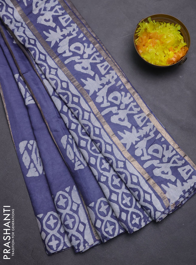 Semi chanderi saree grey with allover zari strips & batik butta prints in borderless style
