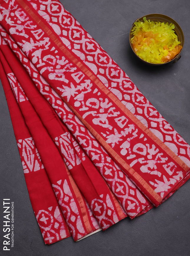 Semi chanderi saree red with allover zari strips & batik butta prints in borderless style