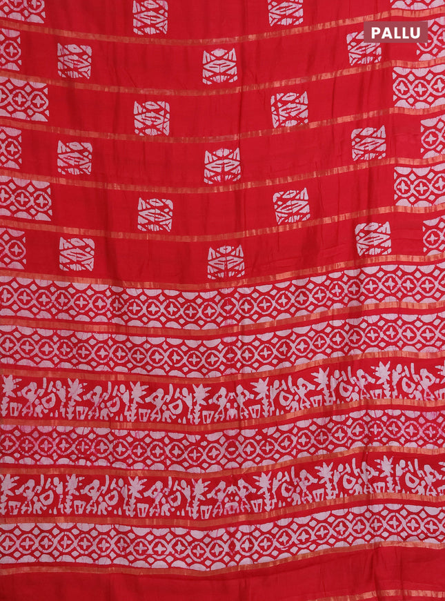 Semi chanderi saree red with allover zari strips & batik butta prints in borderless style