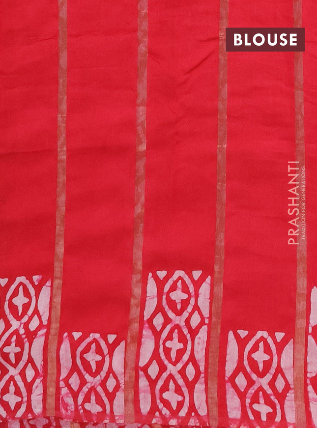Semi chanderi saree red with allover zari strips & batik butta prints in borderless style