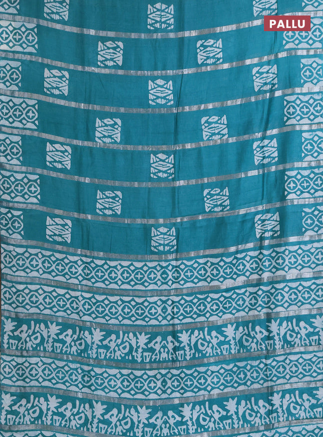 Semi chanderi saree teal blue with allover zari strips & batik butta prints in borderless style