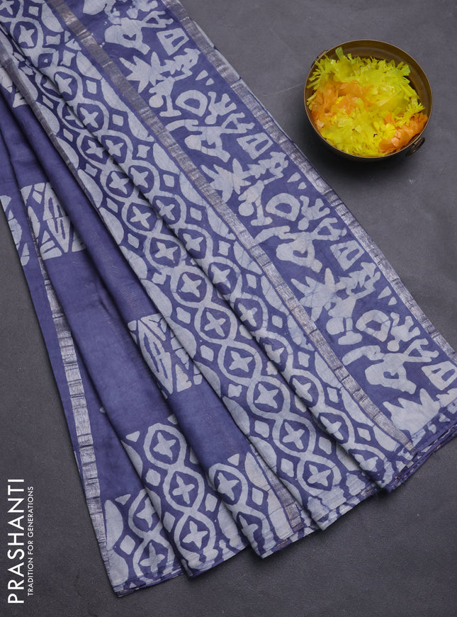 Semi chanderi saree grey with allover zari strips & batik butta prints in borderless style
