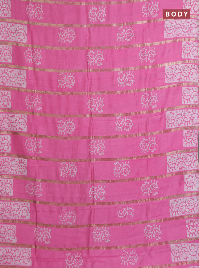 Semi chanderi saree light pink with allover zari strips & batik butta prints in borderless style