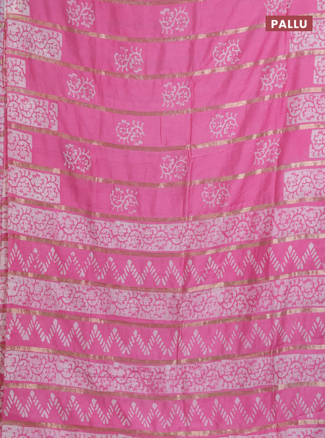 Semi chanderi saree light pink with allover zari strips & batik butta prints in borderless style