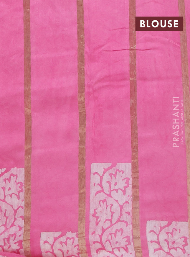 Semi chanderi saree light pink with allover zari strips & batik butta prints in borderless style