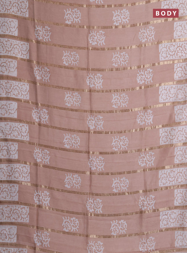 Semi chanderi saree sandal with allover zari strips & batik butta prints in borderless style