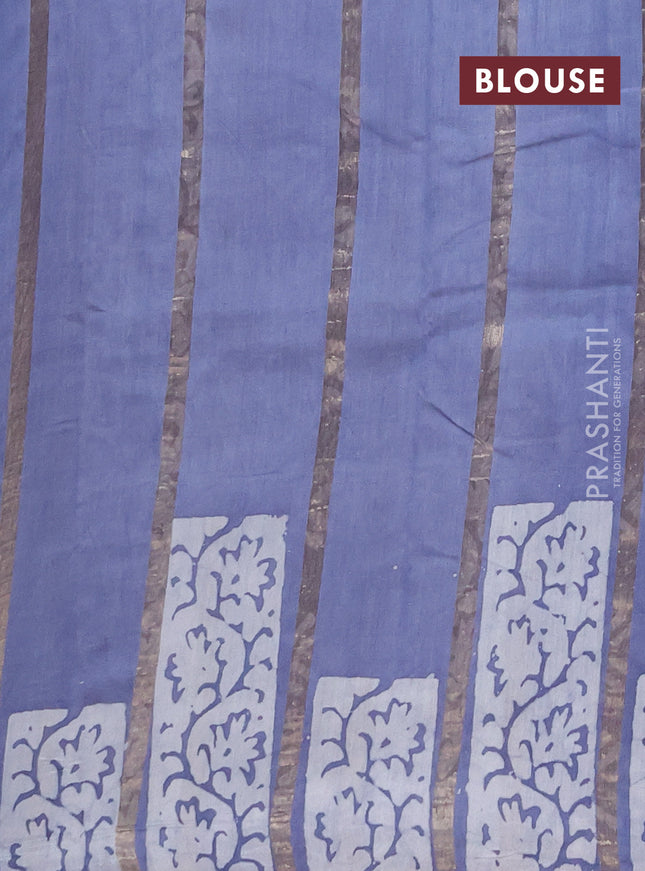Semi chanderi saree grey with allover zari strips & batik butta prints in borderless style