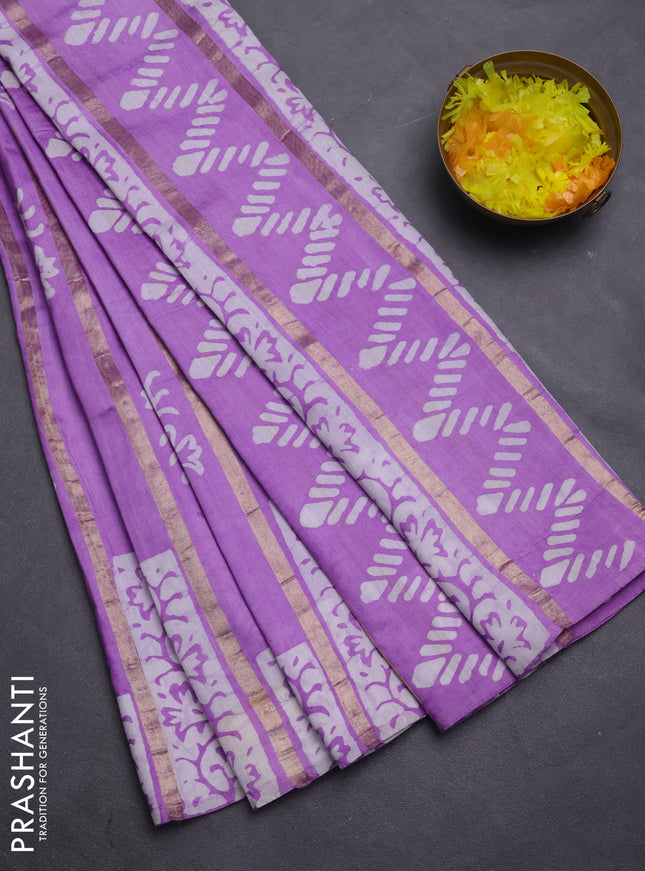 Semi chanderi saree laveder shade with allover zari strips & batik butta prints in borderless style