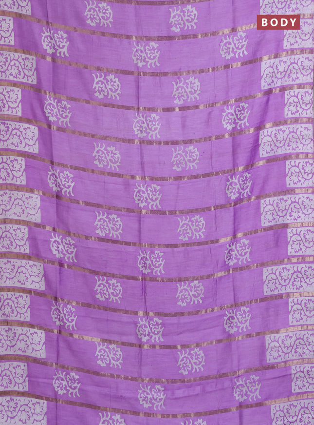 Semi chanderi saree laveder shade with allover zari strips & batik butta prints in borderless style