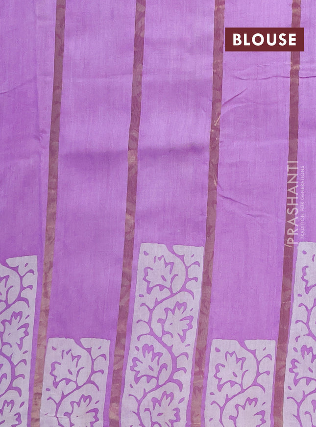 Semi chanderi saree laveder shade with allover zari strips & batik butta prints in borderless style