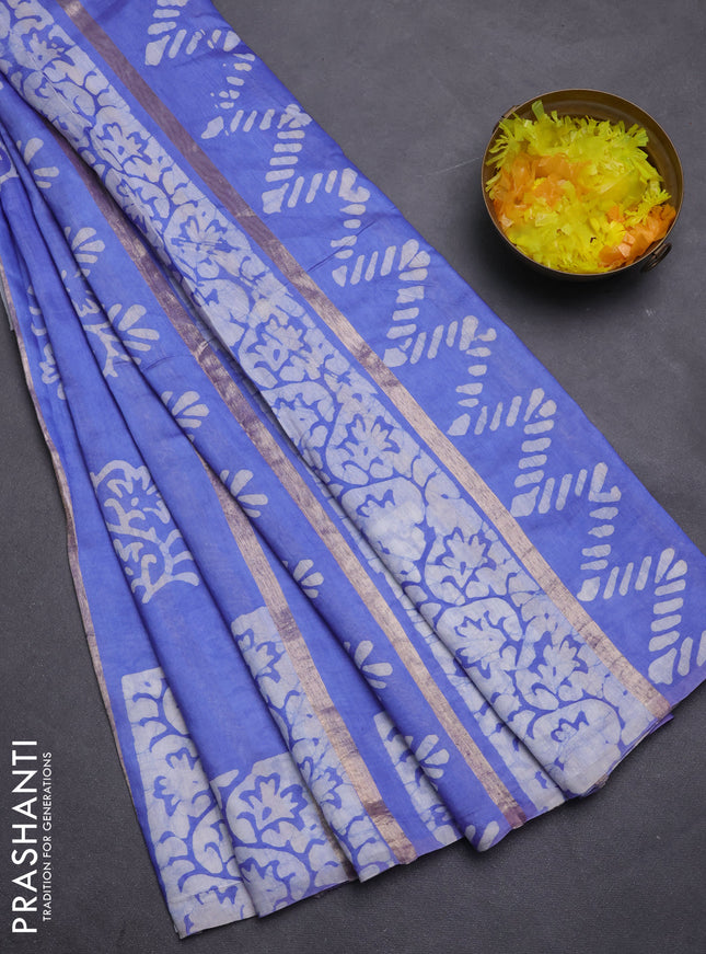 Semi chanderi saree lavender with allover zari strips & batik butta prints in borderless style
