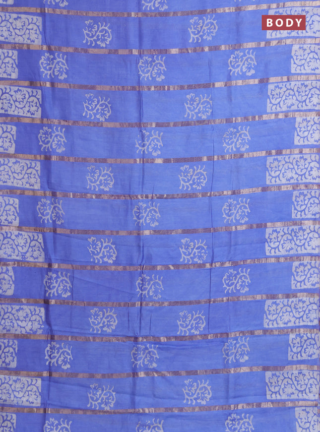Semi chanderi saree lavender with allover zari strips & batik butta prints in borderless style