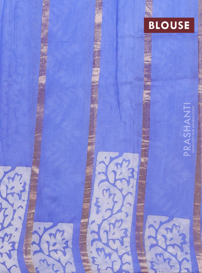 Semi chanderi saree lavender with allover zari strips & batik butta prints in borderless style