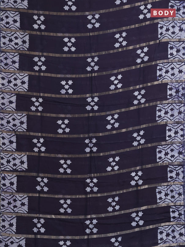 Semi chanderi saree navy blue with allover zari strips & batik butta prints in borderless style
