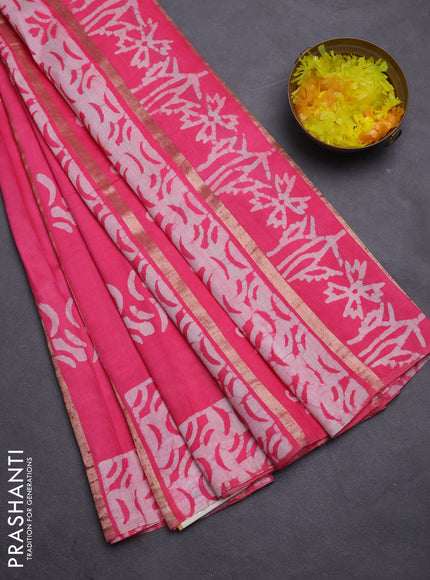 Semi chanderi saree candy pink with allover zari strips & batik butta prints in borderless style