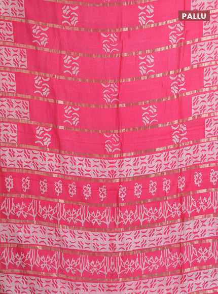 Semi chanderi saree candy pink with allover zari strips & batik butta prints in borderless style