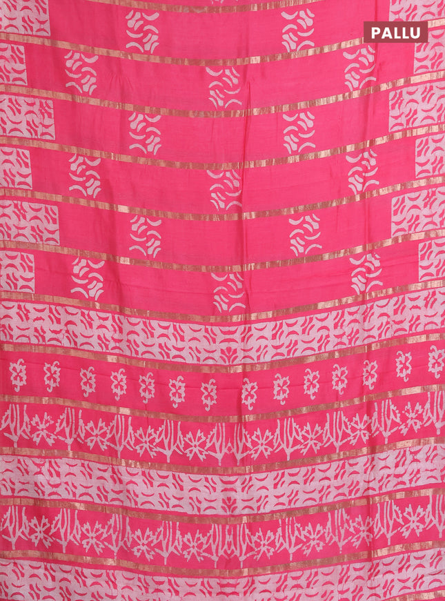 Semi chanderi saree candy pink with allover zari strips & batik butta prints in borderless style