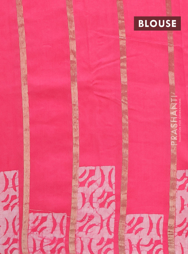 Semi chanderi saree candy pink with allover zari strips & batik butta prints in borderless style