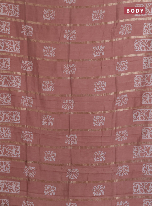 Semi chanderi saree pastel brown with allover zari strips & batik butta prints in borderless style