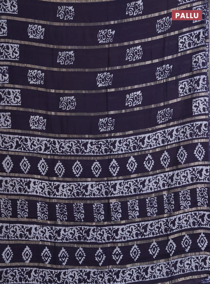 Semi chanderi saree navy blue with allover zari strips & batik butta prints in borderless style