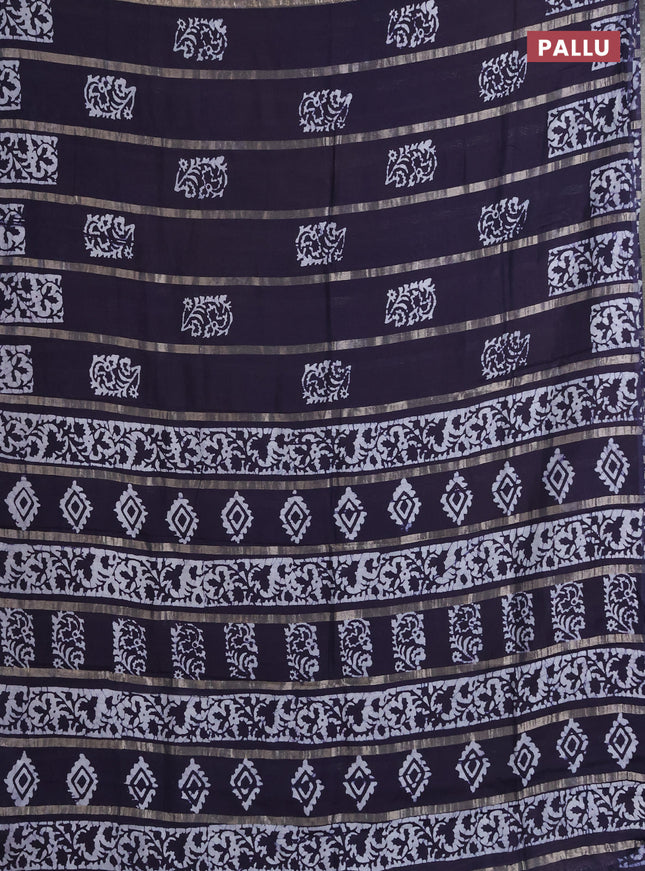 Semi chanderi saree navy blue with allover zari strips & batik butta prints in borderless style