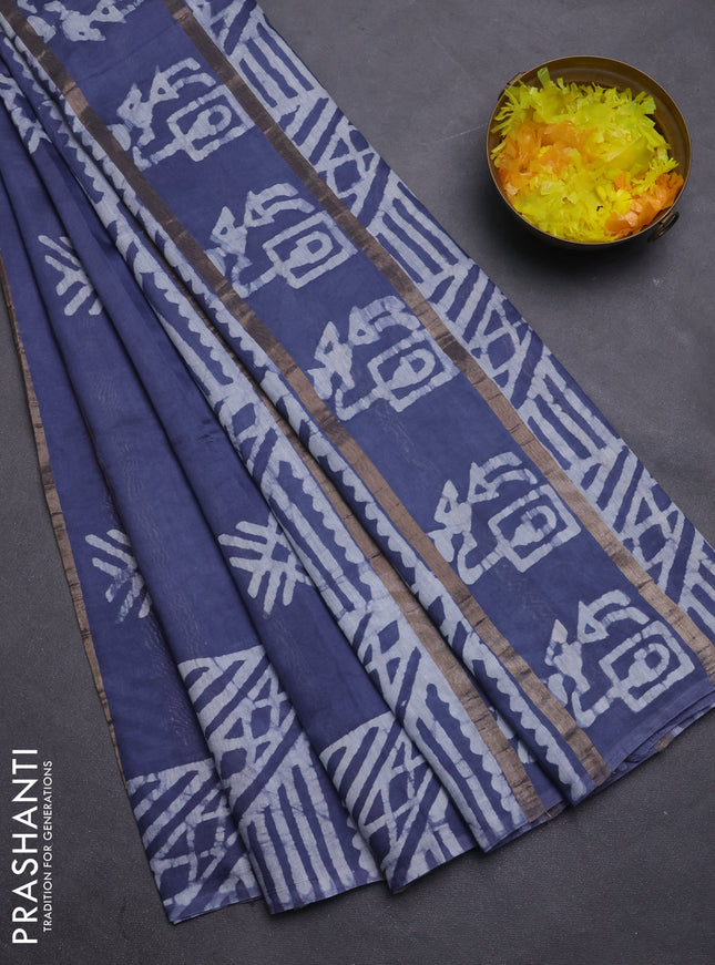 Semi chanderi saree dark grey with allover zari strips & batik butta prints in borderless style