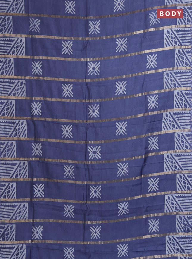 Semi chanderi saree dark grey with allover zari strips & batik butta prints in borderless style