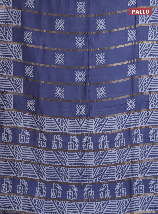 Semi chanderi saree dark grey with allover zari strips & batik butta prints in borderless style