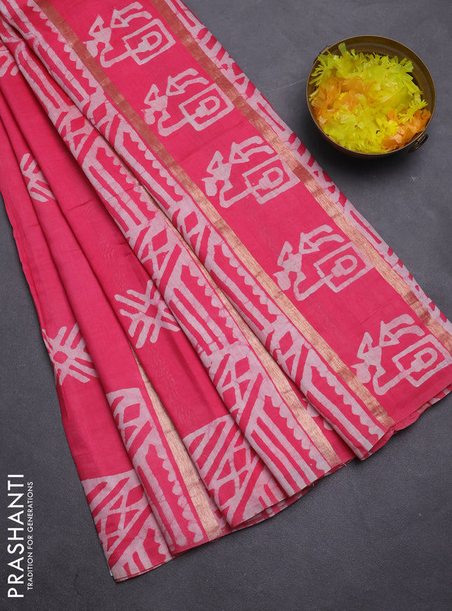 Semi chanderi saree candy pink with allover zari strips & batik butta prints in borderless style