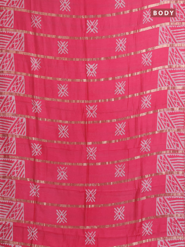 Semi chanderi saree candy pink with allover zari strips & batik butta prints in borderless style