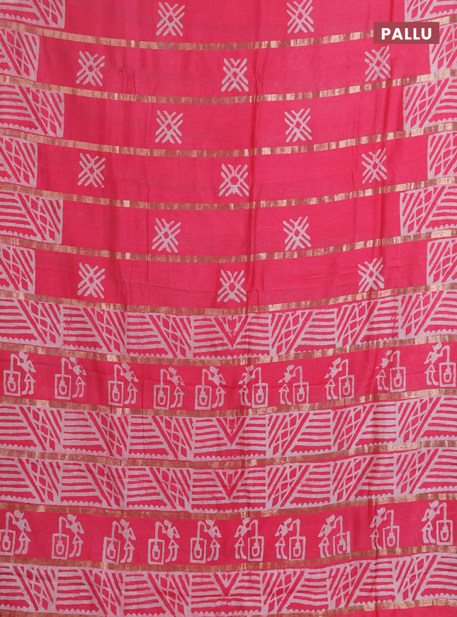 Semi chanderi saree candy pink with allover zari strips & batik butta prints in borderless style