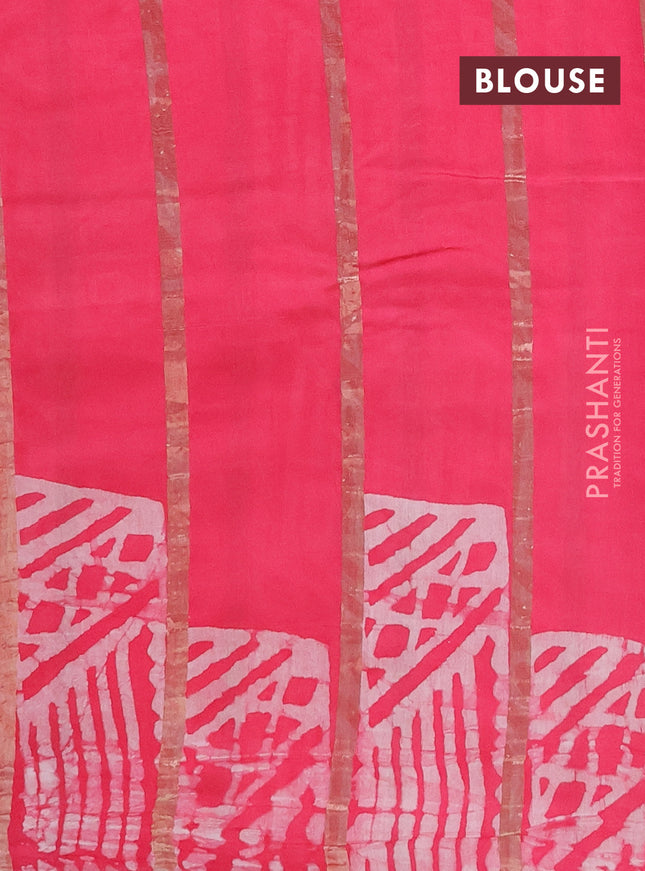 Semi chanderi saree candy pink with allover zari strips & batik butta prints in borderless style