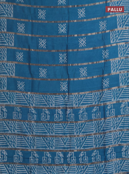 Semi chanderi saree cs blue with allover zari strips & batik butta prints in borderless style