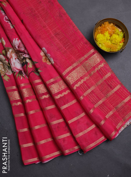 Semi georgette saree pink with allover floral prints and long zari woven border
