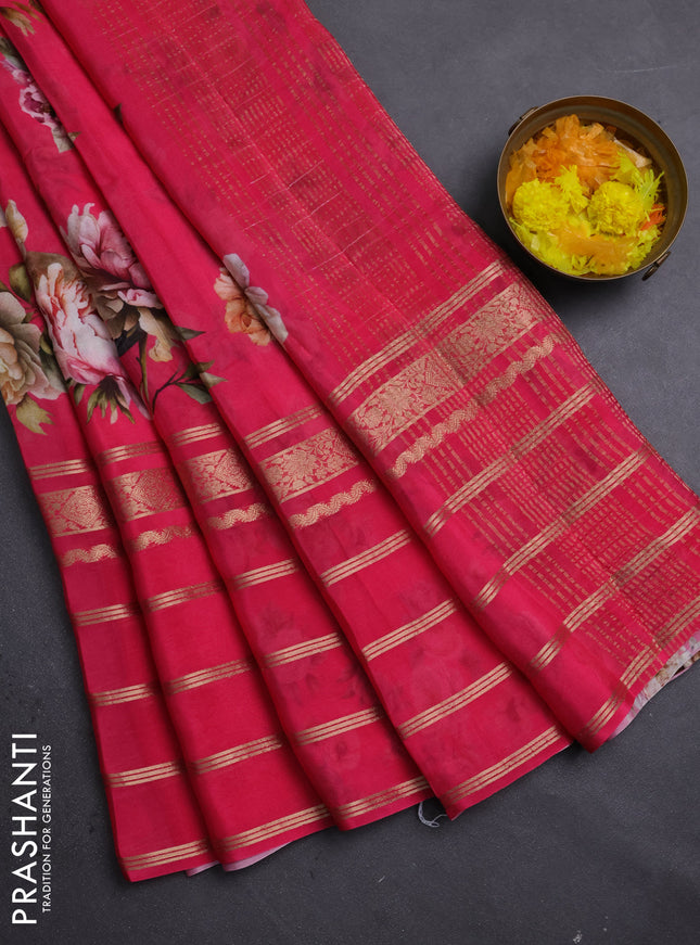 Semi georgette saree pink with allover floral prints and long zari woven border