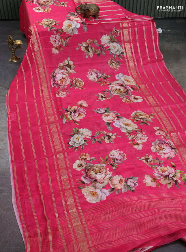 Semi georgette saree pink with allover floral prints and long zari woven border