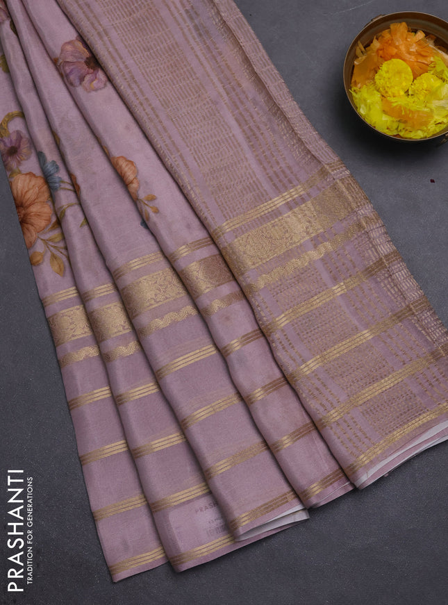 Semi georgette saree pastel pink with allover floral prints and long zari woven border