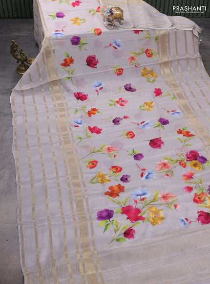 Semi georgette saree grey with allover floral prints and long zari woven border