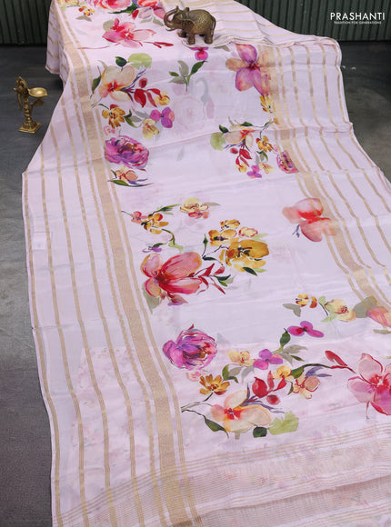 Semi georgette saree baby pink with allover floral prints and long zari woven border