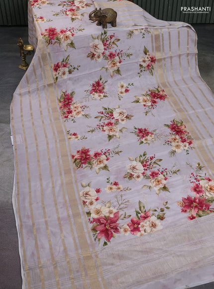 Semi georgette saree pastel grey with allover floral prints and long zari woven border