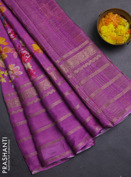 Semi georgette saree purple with allover floral prints and long zari woven border