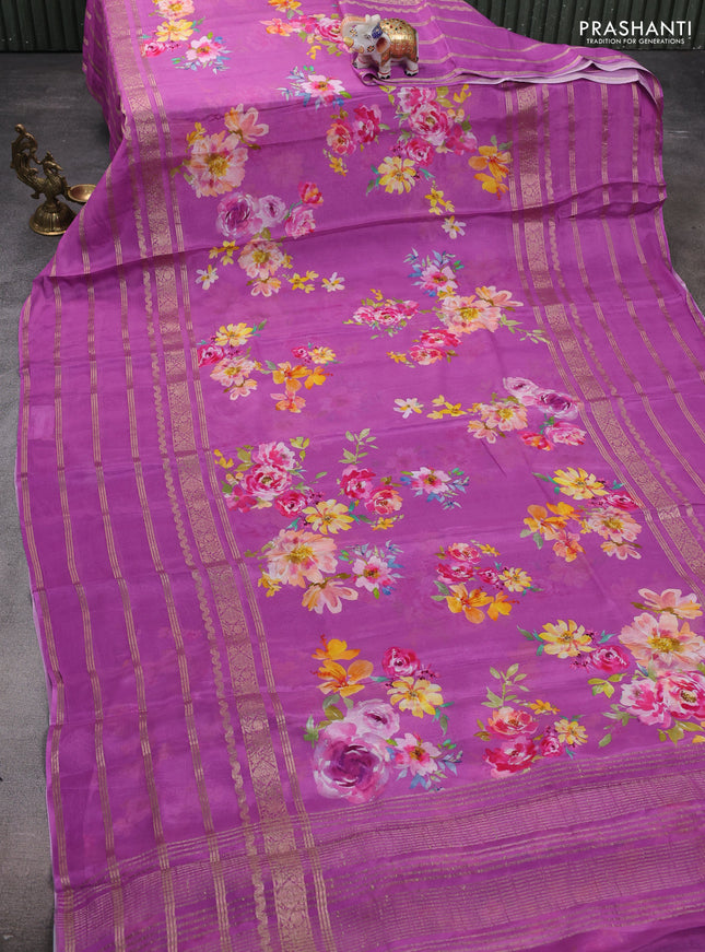 Semi georgette saree purple with allover floral prints and long zari woven border