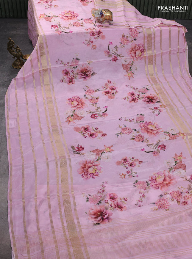 Semi georgette saree light pink with allover floral prints and long zari woven border