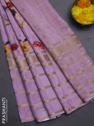 Semi georgette saree lavender with allover floral prints and long zari woven border