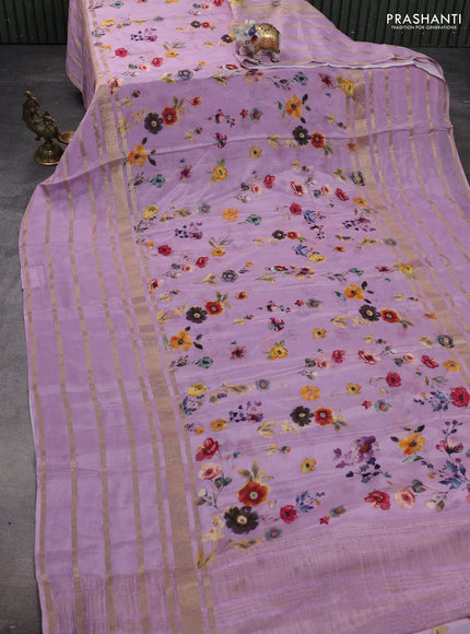 Semi georgette saree lavender with allover floral prints and long zari woven border
